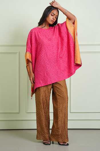 Twenty Nine Pink Silk Round Neck Crushed Bandhani Wide Sleeves Tunic at Aza Fashions Twenty Nine_Pink Silk Round Neck Crushed Bandhani Wide Sleeves Tunic _at_Aza_Fashions