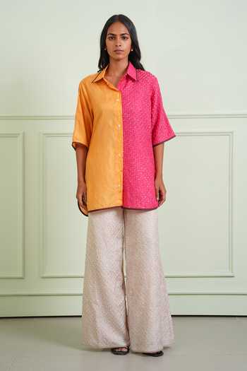 Twenty Nine Pink Silk Collared Neck Crushed Bandhani Shirt Online at Aza Fashions Twenty Nine_Pink Silk Collared Neck Crushed Bandhani Shirt _Online_at_Aza_Fashions