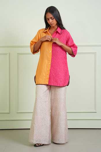Buy Twenty Nine Pink Silk Collared Neck Crushed Bandhani Shirt Online at Aza Fashions Buy_Twenty Nine_Pink Silk Collared Neck Crushed Bandhani Shirt _Online_at_Aza_Fashions