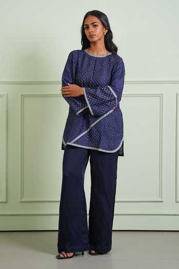 Buy Twenty Nine Blue Silk Round Neck Crushed Bandhani Pure Top Buy_Twenty Nine_Blue Silk Round Neck Crushed Bandhani Pure Top