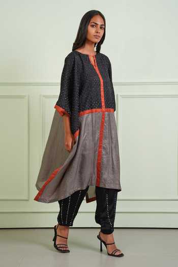 Twenty Nine_Black Silk Keyhole Neck Bandhani Color Block Kaftan Tunic _Online_at_Aza_Fashions