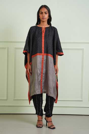 Buy_Twenty Nine_Black Silk Keyhole Neck Bandhani Color Block Kaftan Tunic _Online_at_Aza_Fashions