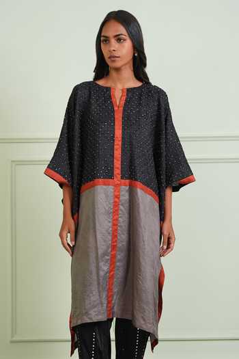 Shop_Twenty Nine_Black Silk Keyhole Neck Bandhani Color Block Kaftan Tunic _Online_at_Aza_Fashions