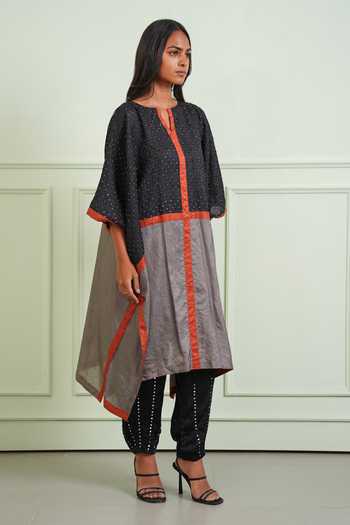 Twenty Nine_Black Silk Keyhole Neck Bandhani Color Block Kaftan Tunic _at_Aza_Fashions