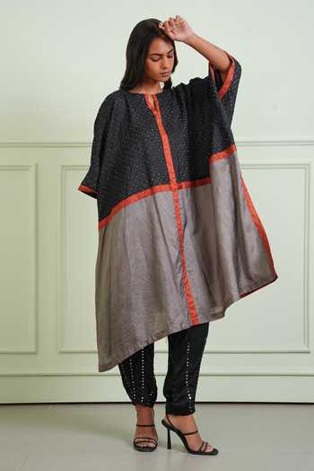 Buy_Twenty Nine_Black Silk Keyhole Neck Bandhani Color Block Kaftan Tunic 