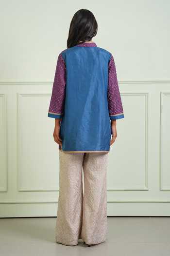Twenty Nine_Blue Silk Mandarin Collar Crushed Bandhani Short Shirt Kurta _Online_at_Aza_Fashions