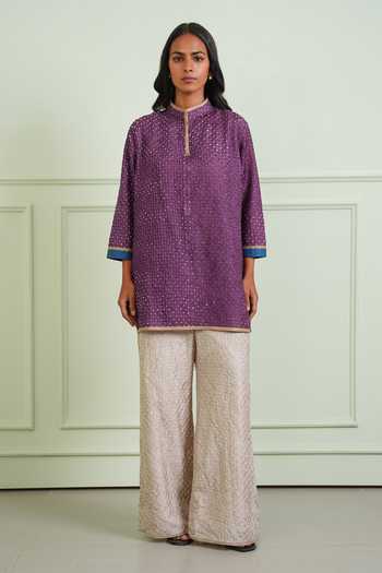 Shop_Twenty Nine_Blue Silk Mandarin Collar Crushed Bandhani Short Shirt Kurta _Online_at_Aza_Fashions