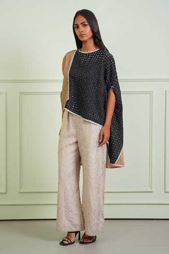Shop Twenty Nine Black Silk Round Neck Crushed Bandhani Asymmetric Top Shop_Twenty Nine_Black Silk Round Neck Crushed Bandhani Asymmetric Top