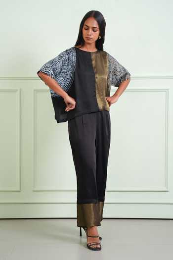 Twenty Nine Black Tissue, Modal Round Neck Shibori Sleeve Crop Top Online at Aza Fashions Twenty Nine_Black Tissue, Modal Round Neck Shibori Sleeve Crop Top _Online_at_Aza_Fashions