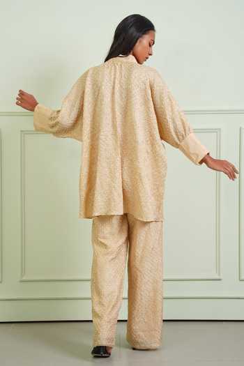 Twenty Nine Gold Silk High Neck Bow Tie Textured Bandhani Shirt Online at Aza Fashions Twenty Nine_Gold Silk High Neck Bow Tie Textured Bandhani Shirt _Online_at_Aza_Fashions