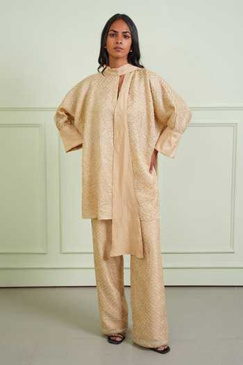 Buy Twenty Nine Gold Silk High Neck Bow Tie Textured Bandhani Shirt Online at Aza Fashions Buy_Twenty Nine_Gold Silk High Neck Bow Tie Textured Bandhani Shirt _Online_at_Aza_Fashions