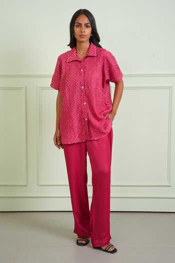 Shop_Twenty Nine_Pink Silk Collared Neck Bandhani Pattern Pure Shirt _Online_at_Aza_Fashions