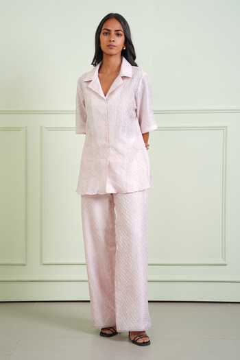 Buy_Twenty Nine_Pink Silk V-neck Bandhani Pattern Pure Shirt _Online_at_Aza_Fashions