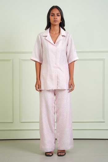 Shop_Twenty Nine_Pink Silk V-neck Bandhani Pattern Pure Shirt _Online_at_Aza_Fashions