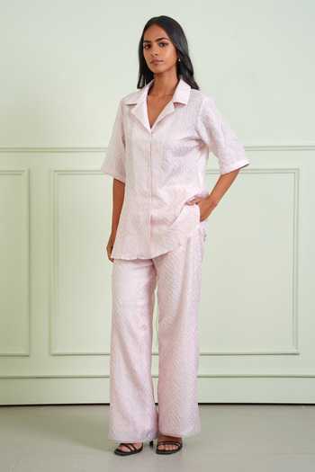 Twenty Nine_Pink Silk V-neck Bandhani Pattern Pure Shirt _at_Aza_Fashions