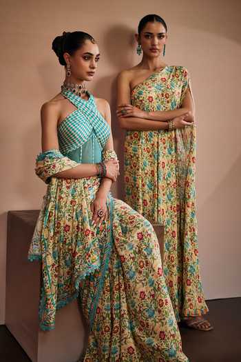 Buy The Royaleum Multi Color Silk Halter Neck Floral Print Saree With Blouse Online at Aza Fashions Buy_The Royaleum_Multi Color Silk Halter Neck Floral Print Saree With Blouse _Online_at_Aza_Fashions