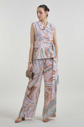 Buy_SOBARIKO_Multi Color Linen Notched Neck Daphne Abstract Dot Print Wrap Jacket And Pant Set _Online_at_Aza_Fashions