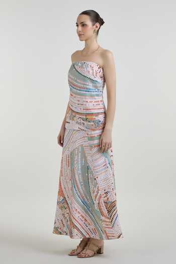 SOBARIKO_Multi Color Linen Bandeau Neck Daphne Abstract Dot Print Strapless Dress _Online_at_Aza_Fashions