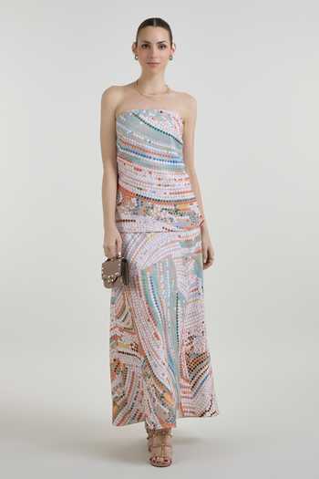 Buy_SOBARIKO_Multi Color Linen Bandeau Neck Daphne Abstract Dot Print Strapless Dress _Online_at_Aza_Fashions