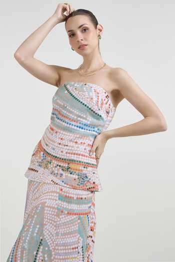 SOBARIKO_Multi Color Linen Bandeau Neck Daphne Abstract Dot Print Strapless Dress _at_Aza_Fashions