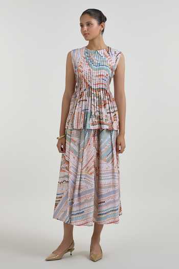 SOBARIKO_Multi Color Linen Round Neck Daphne Abstract Dot Print Accordion Skirt Set _Online_at_Aza_Fashions