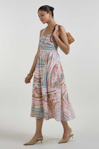SOBARIKO_Multi Color Linen Halter Neck Daphne Abstract Dot Print Dress _Online_at_Aza_Fashions