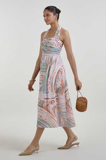Buy_SOBARIKO_Multi Color Linen Halter Neck Daphne Abstract Dot Print Dress _Online_at_Aza_Fashions