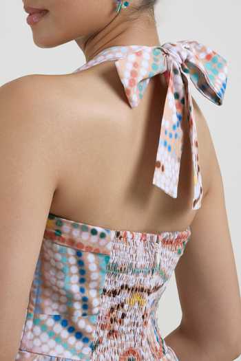 Shop_SOBARIKO_Multi Color Linen Halter Neck Daphne Abstract Dot Print Dress _Online_at_Aza_Fashions