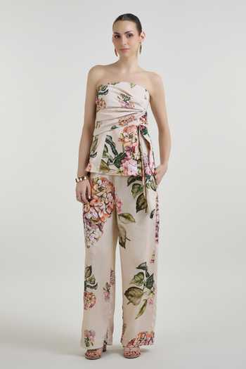 Shop_SOBARIKO_Yellow Linen Bandeau Neck Hazel Bloom Print Strapless Top And Pant Set _Online_at_Aza_Fashions