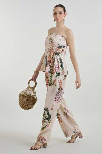 SOBARIKO_Yellow Linen Bandeau Neck Hazel Bloom Print Strapless Top And Pant Set _at_Aza_Fashions