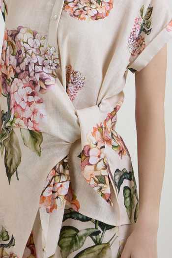 SOBARIKO_Yellow Linen Button-down Neck Hazel Bloom Print Twist Top And Pant Co-ord Set _Online_at_Aza_Fashions