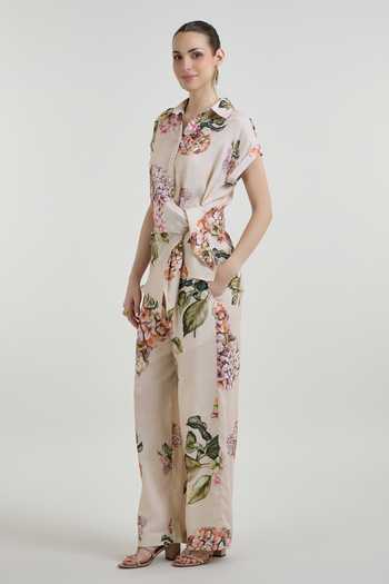Buy_SOBARIKO_Yellow Linen Button-down Neck Hazel Bloom Print Twist Top And Pant Co-ord Set _Online_at_Aza_Fashions
