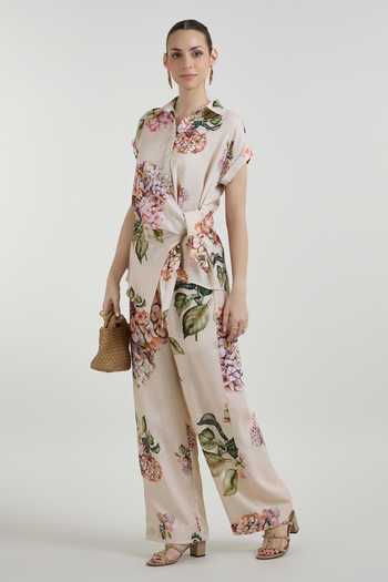 SOBARIKO_Yellow Linen Button-down Neck Hazel Bloom Print Twist Top And Pant Co-ord Set _at_Aza_Fashions