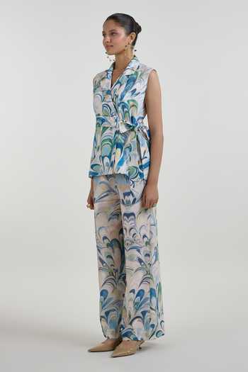 SOBARIKO_Blue Linen V-neck Penelope Print Wrap Jacket And Pant Set _Online_at_Aza_Fashions