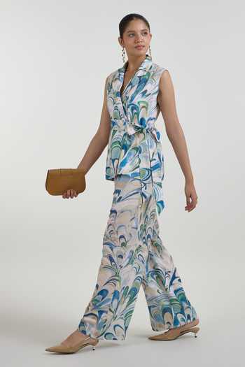 Buy_SOBARIKO_Blue Linen V-neck Penelope Print Wrap Jacket And Pant Set _Online_at_Aza_Fashions
