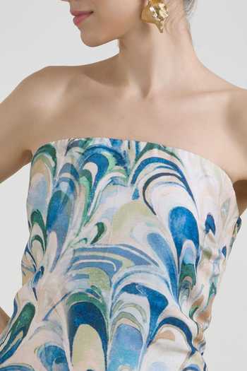 SOBARIKO_Blue Linen Bandeau Neck Penelope Print Layered Strapless Dress _at_Aza_Fashions