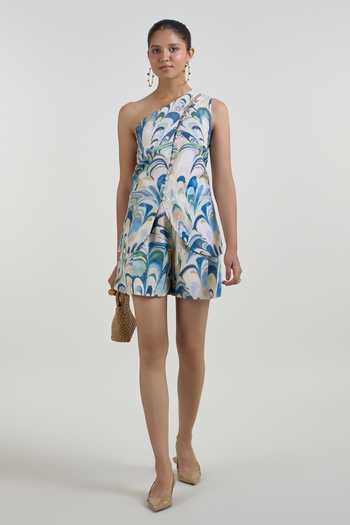 Buy_SOBARIKO_Blue Linen One Shoulder Penelope Print Waistcoat And Shorts Set _Online_at_Aza_Fashions