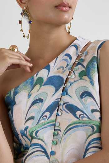 Buy_SOBARIKO_Blue Linen One Shoulder Penelope Print Waistcoat And Shorts Set 