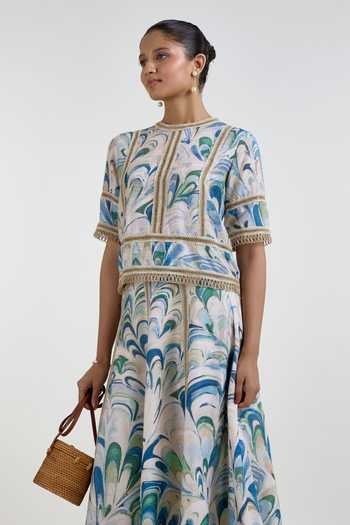Shop SOBARIKO Blue Linen Round Neck Penelope Print Rafia Top And Skirt Set Online at Aza Fashions Shop_SOBARIKO_Blue Linen Round Neck Penelope Print Rafia Top And Skirt Set _Online_at_Aza_Fashions