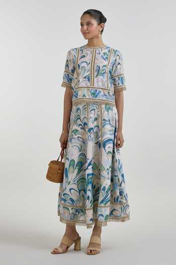 SOBARIKO Blue Linen Round Neck Penelope Print Rafia Top And Skirt Set at Aza Fashions SOBARIKO_Blue Linen Round Neck Penelope Print Rafia Top And Skirt Set _at_Aza_Fashions