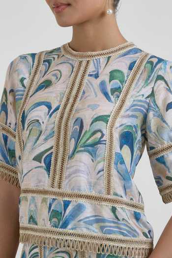 Buy SOBARIKO Blue Linen Round Neck Penelope Print Rafia Top And Skirt Set Buy_SOBARIKO_Blue Linen Round Neck Penelope Print Rafia Top And Skirt Set