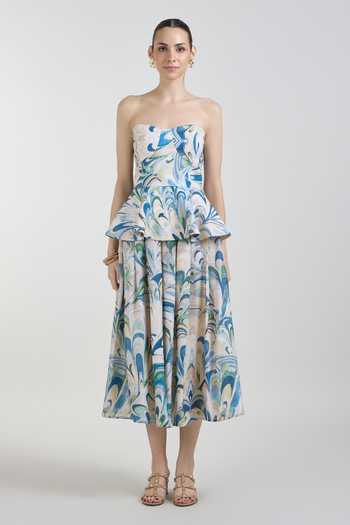 SOBARIKO Blue Linen Bandeau Neck Penelope Print Peplum Top And Skirt Set Online at Aza Fashions SOBARIKO_Blue Linen Bandeau Neck Penelope Print Peplum Top And Skirt Set _Online_at_Aza_Fashions