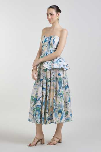 Buy SOBARIKO Blue Linen Bandeau Neck Penelope Print Peplum Top And Skirt Set Online at Aza Fashions Buy_SOBARIKO_Blue Linen Bandeau Neck Penelope Print Peplum Top And Skirt Set _Online_at_Aza_Fashions