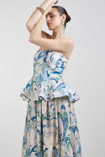 Shop SOBARIKO Blue Linen Bandeau Neck Penelope Print Peplum Top And Skirt Set Online at Aza Fashions Shop_SOBARIKO_Blue Linen Bandeau Neck Penelope Print Peplum Top And Skirt Set _Online_at_Aza_Fashions