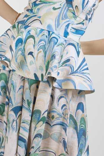 SOBARIKO Blue Linen Bandeau Neck Penelope Print Peplum Top And Skirt Set at Aza Fashions SOBARIKO_Blue Linen Bandeau Neck Penelope Print Peplum Top And Skirt Set _at_Aza_Fashions