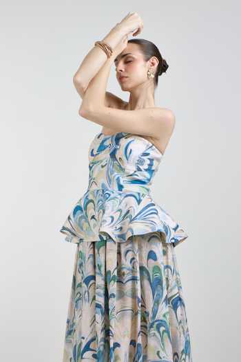 Buy SOBARIKO Blue Linen Bandeau Neck Penelope Print Peplum Top And Skirt Set Buy_SOBARIKO_Blue Linen Bandeau Neck Penelope Print Peplum Top And Skirt Set