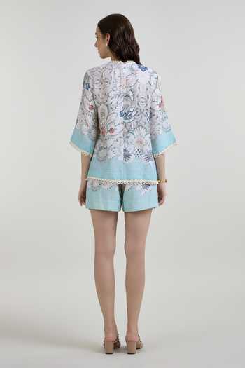 Shop Sobariko Sky Blue Linen Round Neck Tyla Print Top And Shorts Set at Aza Fashions Shop_Sobariko_Sky Blue Linen Round Neck Tyla Print Top And Shorts Set _at_Aza_Fashions