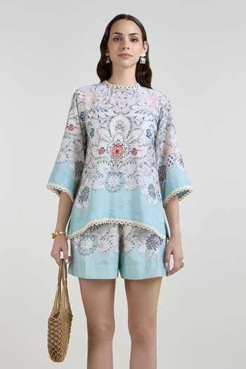 Shop Sobariko Sky Blue Linen Round Neck Tyla Print Top And Shorts Set Online at Aza Fashions Shop_Sobariko_Sky Blue Linen Round Neck Tyla Print Top And Shorts Set _Online_at_Aza_Fashions
