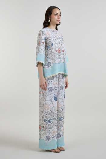 Sobariko White Linen Round Neck Tyla Print Top And Pant Set Online at Aza Fashions Sobariko_White Linen Round Neck Tyla Print Top And Pant Set _Online_at_Aza_Fashions