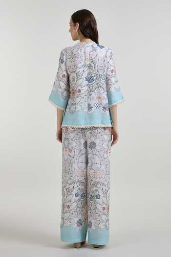 Shop Sobariko White Linen Round Neck Tyla Print Top And Pant Set at Aza Fashions Shop_Sobariko_White Linen Round Neck Tyla Print Top And Pant Set _at_Aza_Fashions